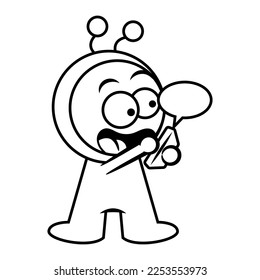 Cartoon illustration of Cute little Alien wearing costume with antenna, using smartphone for chatting and playing social media. Best for outline, logo, and coloring book with extraterrestrial themes