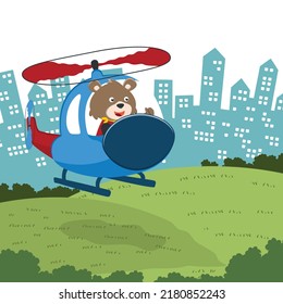 Cartoon illustration of a cute little bear on a helicopter. Creative vector childish background for fabric, textile, nursery wallpaper, poster, card, brochure. and other decoration.