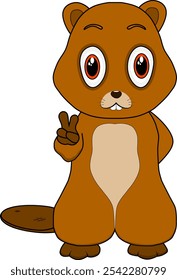 cartoon illustration of a cute little beaver character and a peace finger