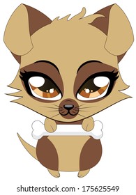 Cartoon illustration of cute cartoon little brown puppy holds bone.