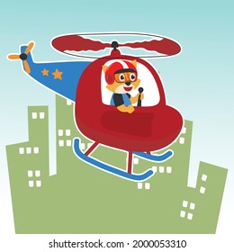 Cartoon illustration of a cute little cat on a helicopter. Creative vector childish background for fabric, textile, nursery wallpaper, poster, card, brochure. and other decoration.