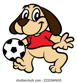 Cartoon illustration of Cute little Dog dribbling a Ball at football tournament. Best for mascot, logo, and sticker with sports themes