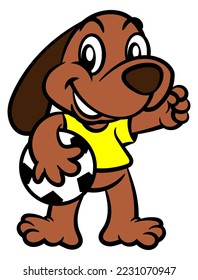 Cartoon illustration of Cute little Dog wearing soccer jersey and holding a Ball. Best for mascot, logo, and sticker with sports themes