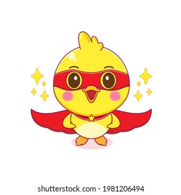 Cartoon illustration of cute little duck as superhero with isolated background