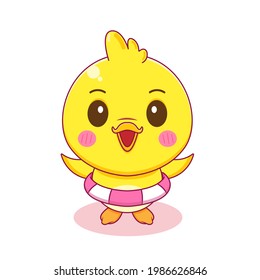 Cartoon illustration of cute little duck with swim ring isolated background