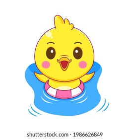 Cartoon illustration of cute little duck with swim ring isolated background