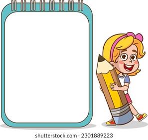 cartoon illustration of a cute little girl holding a blank notebook page