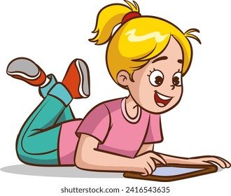 Cartoon Illustration of Cute Little Girl Lying on the Floor with a Tablet PC