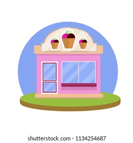 Cartoon illustration - cute little pink ice cream shop. trade sweets in the city. element of urban cityscape. private business. one-storey building
