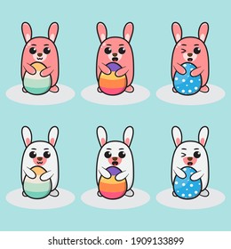 Cartoon illustration of a cute little Rabbit. Cartoon little bunny holing Easter egg with two hands. Vector illustration for holiday greeting.