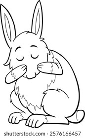 Cartoon illustration of cute miniature rabbit animal character washing itself coloring page