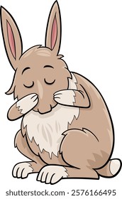 Cartoon illustration of cute miniature rabbit animal character washing itself