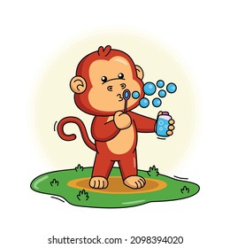 Cartoon illustration of cute monkey blowing soap bubbles