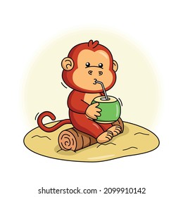 Cartoon illustration of cute monkey drinking coconut water