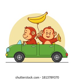 Cartoon-Illustration eines süßen Affen beim Autofahren