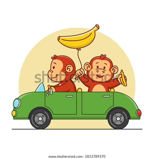 Cartoon\
illustration of a cute monkey driving a\
car