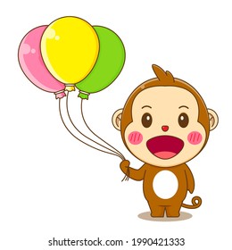 Cartoon Illustration of cute monkey holding balloon
