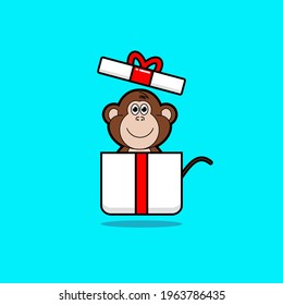 cartoon illustration of cute monkey mascot character in gift box