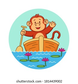 Cartoon illustration of a cute monkey on a boat