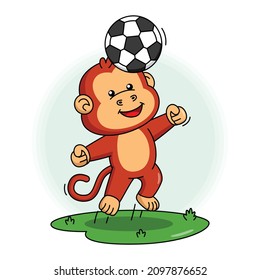 Cartoon illustration of cute monkey playing soccer