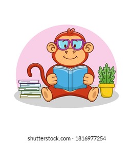 Cartoon illustration of a cute monkey reading a book