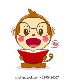 Cartoon Illustration of cute monkey reading a book