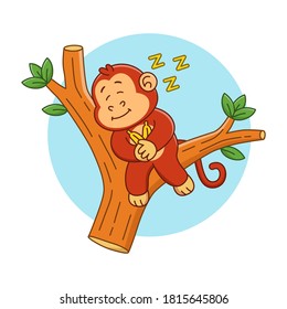 Cartoon illustration of a cute monkey sleeping on a tree