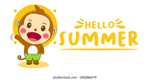 Cartoon illustration of cute monkey with summer greeting banner