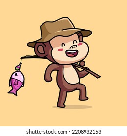 Cartoon illustration of cute monkey walking happily after fishing