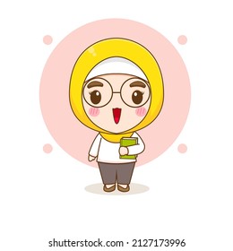 Cartoon illustration of cute Moslem girl character holding a book