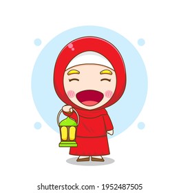 Cartoon illustration of cute Muslim girl character with lantern