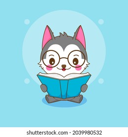 Cartoon illustration cute nerd husky character reading a book