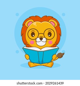 Cartoon illustration of cute nerd lion character reading a book