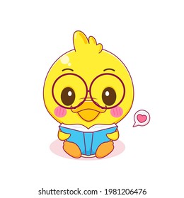 Cartoon illustration of cute nerd little duck character isolated background