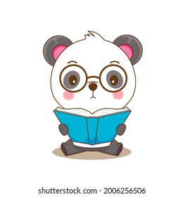 Cartoon illustration of cute nerd panda with glasses reading book.