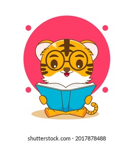 Cartoon illustration of cute nerd tiger reading a book with glasses