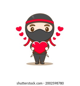 cartoon illustration of cute ninja character holding heart love