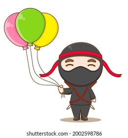 cartoon illustration of cute ninja character holding balloon