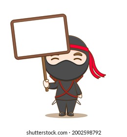 cartoon illustration of cute ninja character holding empty board