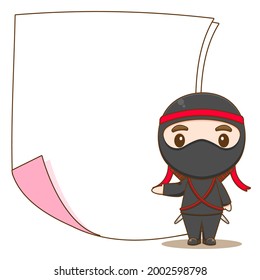 cartoon illustration of cute ninja character with empty paper