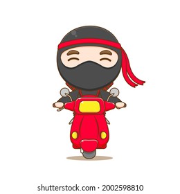 cartoon illustration of cute ninja character riding motorcycle