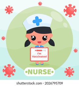 Cartoon illustration of cute nurse holding white board and persuading to get vaccinate. suitable for mascot, sticker, healthy lifestyle concept and vaccination campaign.