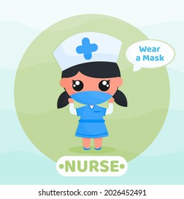 Cartoon illustration of cute nurse wear a medical mask to prevent virus. suitable for mascot, sticker, healthy lifestyle concept and wear a mask campaign.