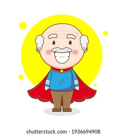 Cartoon illustration of cute old man as a super hero. Mascot design character