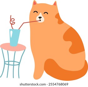 Cartoon illustration of a cute orange cat enjoying a refreshing drink through a red straw, sitting next to a small table with a glass on it, conveying a sense of relaxation and amusement