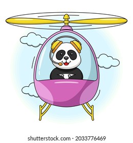 
Cartoon illustration of a cute panda flying in a helicopter