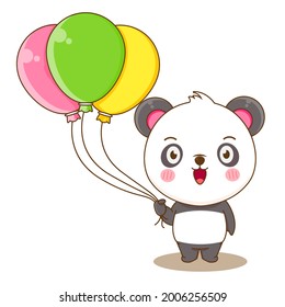 Cartoon illustration of cute panda holding balloon.