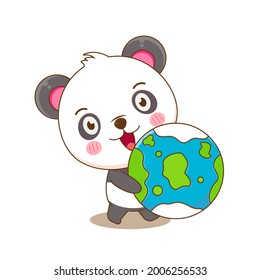 Cartoon illustration of cute panda holding the earth.