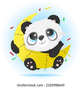 Cartoon illustration cute panda with moon. Animal for Greeting card.