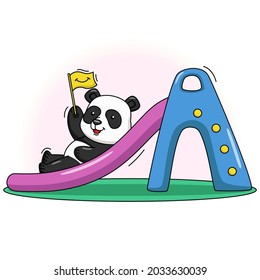 Cartoon illustration of a cute panda playing on a slide